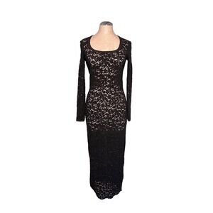 Capucine Puerari Vintage 90s Black Floral Lace Long Sleeve Midi Dress S M